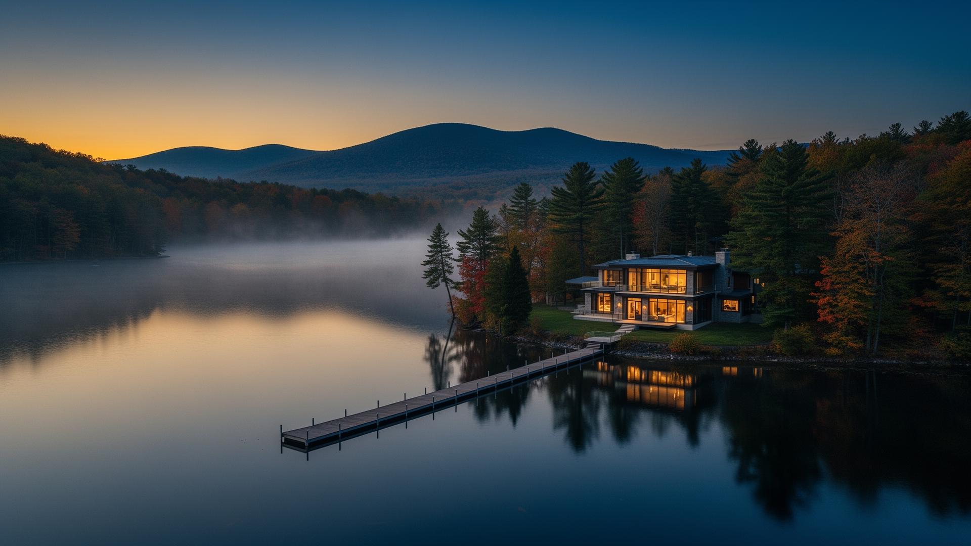 Luxury lakefront estate at twilight on Greenwood Lake, NY